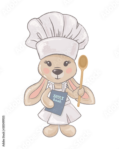 Cartoon character bunny scullion stands with a recipe book and a wooden spoon in his paws. Vector illustration.