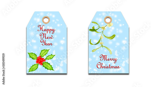 Set of christmas badges and holiday tag, icon. Christmas badges with Mistletoe twig and holly berries. Merry christmas colorful label