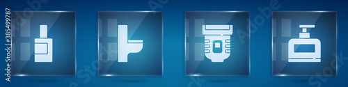 Set Bottle for cleaning agent, Toilet bowl, Epilator and of shampoo. Square glass panels. Vector.
