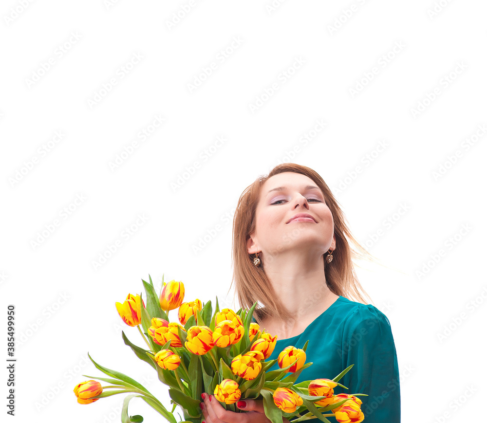 Beautiful young blonde woman with tulips bouquet Beautiful young blonde woman with tulips bouquet