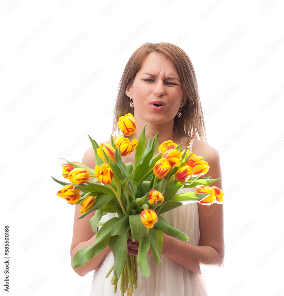 Beautiful blonde woman with tulips bouquet Beautiful blonde woman with tulips bouquet