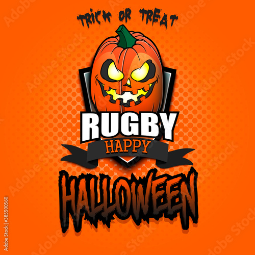Happy Halloween. Template rugby design. Logo rugby ball in the form of a pumpkin on an isolated background. Pattern for banner, poster, greeting card, flyer, party invitation. Vector illustration
