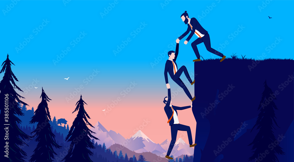 Group teamwork - Business people working together to get up a challenging cliff outdoors. Help coworkers and team collaboration concept. Corporate vector illustration.