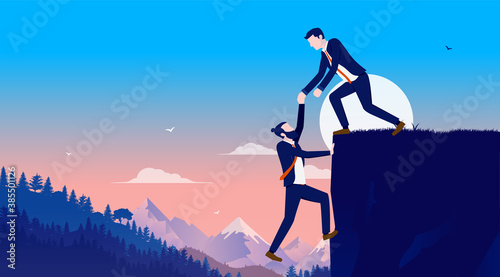 Helping business friend - Businessman supporting fellow employee by pulling him to the top. Helping hand, support and assist concept. Vector illustration.