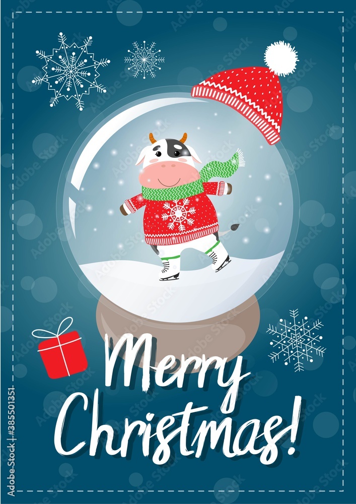 custom made wallpaper toronto digitalVector colorful Christmas postcard with text. Cute cartoon cow or bull, symbol of new 2021 year, skiing. Souvenir globe with snowflakes inside. 