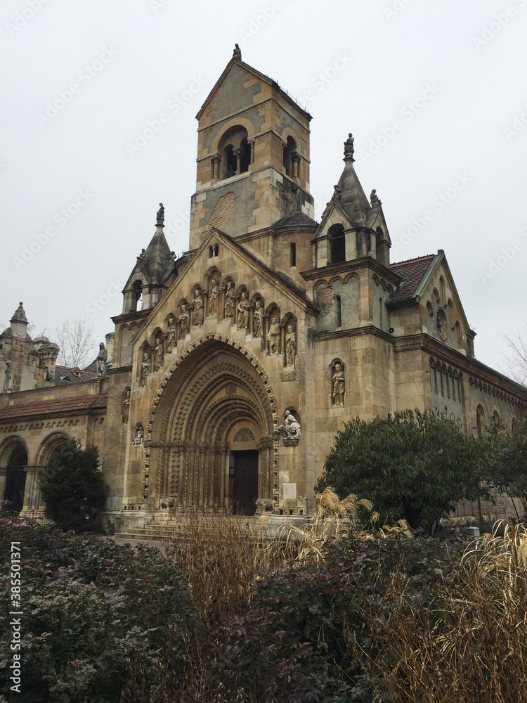church near Vajdahunyad Castle in the City Park of Budapest, Hungary