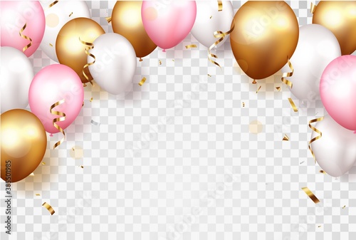 Celebration banner with gold confetti and balloons	