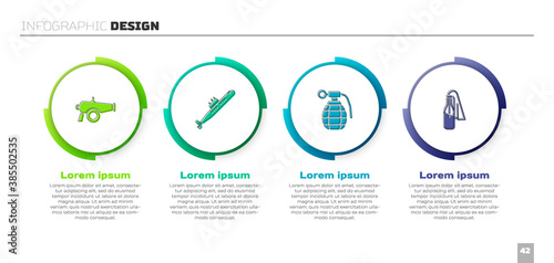Set Cannon, Submarine, Hand grenade and Cocktail molotov. Business infographic template. Vector.