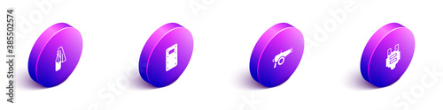 Set Isometric Cocktail molotov, Military assault shield, Cannon and Bulletproof vest icon. Vector.