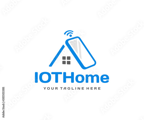 Home automation system logo design. Smart home technology vector design. Mobile phone with roof of the house logotype