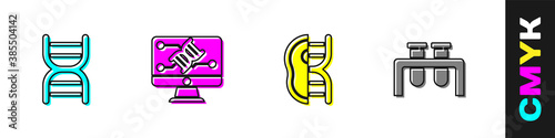 Set DNA symbol, Genetic engineering modification, Genetically modified meat and Test tube and flask icon. Vector.