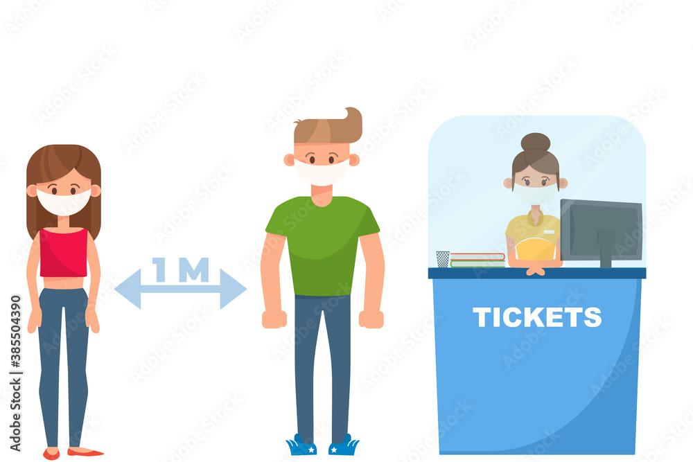 Obraz premium Keep distance in queue of people. Characters waiting, stay safe coronavirus disease. Epidemic protective equipment, group characters with face masks. Cartoon humar keep the 1 meter distance.