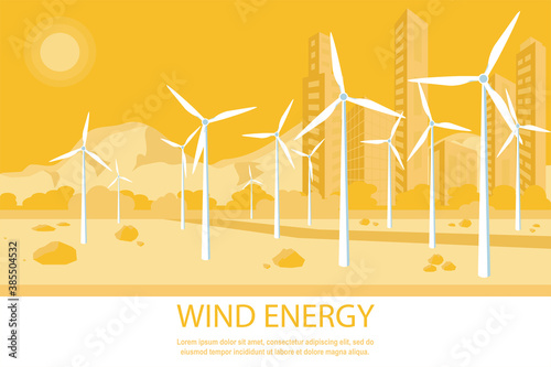 Wind turbines against the backdrop of mountains and the city. The concept of alternative renewable sources of wind energy. Vector illustration, flat style