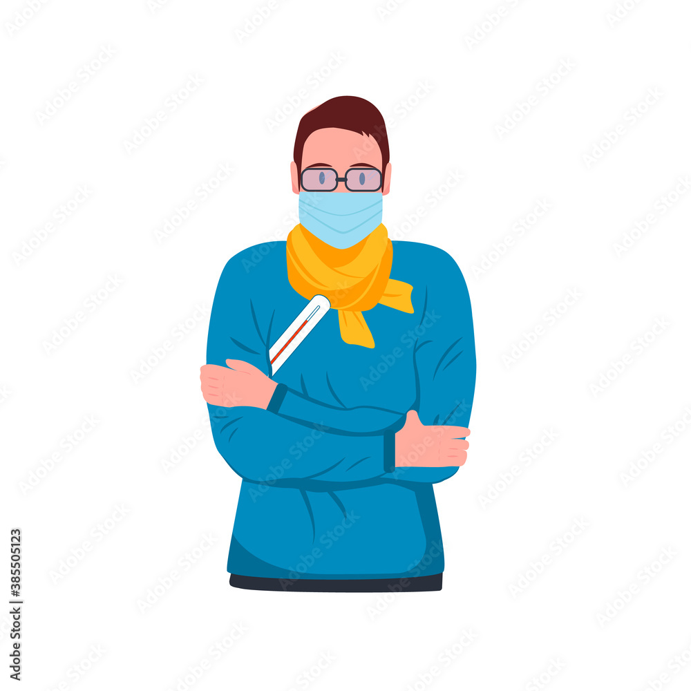 The man feels bad. Fever and chills. He is wearing a protective medical mask. The man feels bad. Fever and chills. He is wearing a protective medical mask.