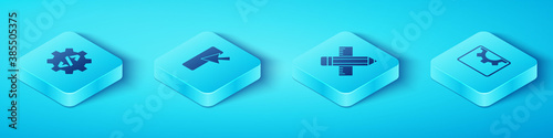 Set Isometric Front end development, UI or UX design, Web and Crossed ruler and pencil icon. Vector.
