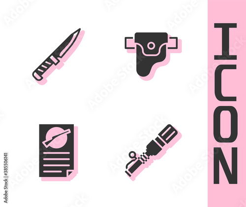 Set Anti-tank hand grenade, Military knife, Firearms license certificate and Gun in holster icon. Vector.