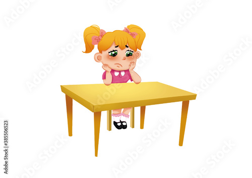 Sad unhappy depressed gloomy girl sitting at the table on chair