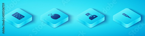 Set Isometric Pills in blister pack, Apple, Medical thermometer and Male doctor icon. Vector.