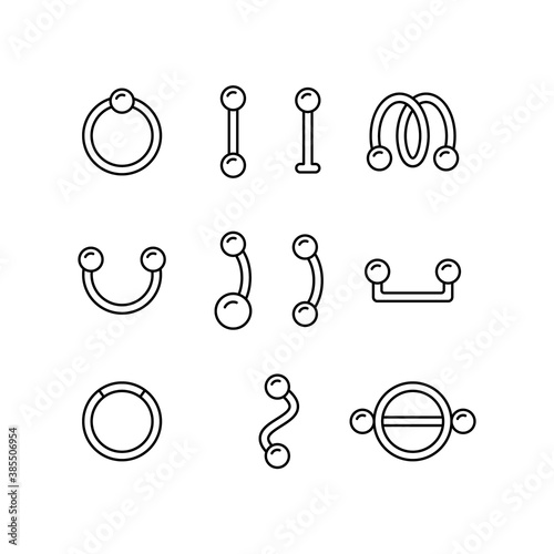 Piercing, set of different earring. Linear icon of barbell, ring, surface bar, labret stud, nipple shield, twister. Black simple illustration. Contour isolated vector pictogram, white background