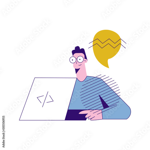 Male programmer, coder at work. Software development. Guy and laptop. Flat vector cartoon illustration with character isolated on white background