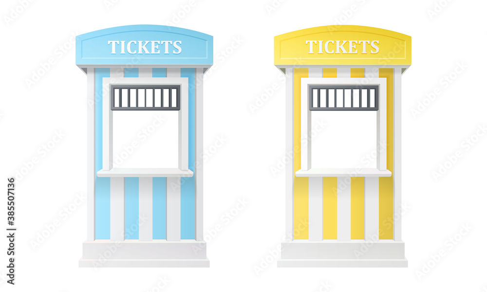 two guard carnival information ticket window booth in blue and yellow color isolated on white background. realistic 3d vector illustration two guard carnival information ticket window booth in blue and yellow color isolated on white background. realistic 3d vector illustration