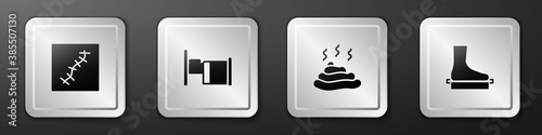 Set Scar with suture, Hospital bed, Shit and Flat foot icon. Silver square button. Vector.