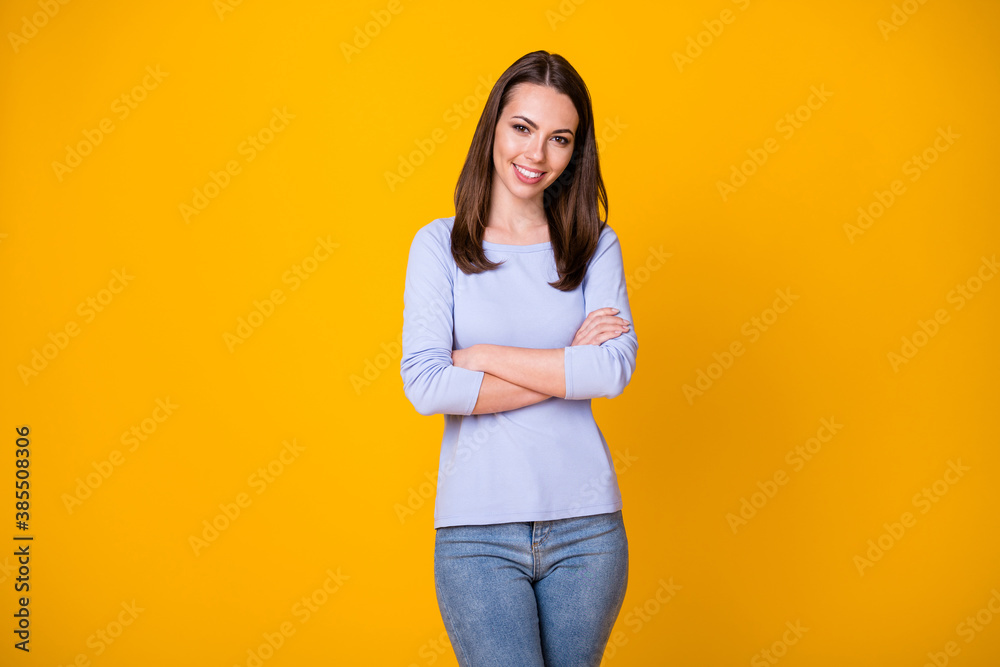Photo of attractive nice girl manager cross hands enjoy decide work decision wear good look outfit isolated over vivid color background