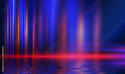 Abstract dark futuristic background. Ultraviolet neon light rays are reflected off the water. Background of empty stage show, beach party. 3d illustration