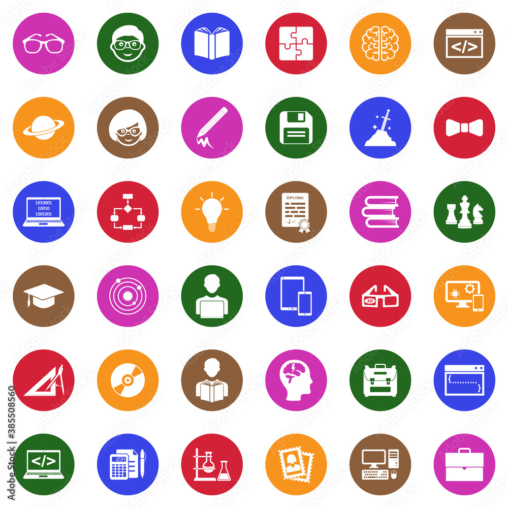 Geek Icons. White Flat Design In Circle. Vector Illustration. Geek Icons. White Flat Design In Circle. Vector Illustration.