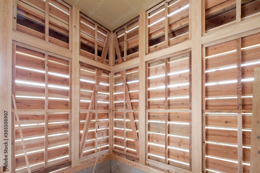 建築中の木造家屋内 建築中の木造家屋内