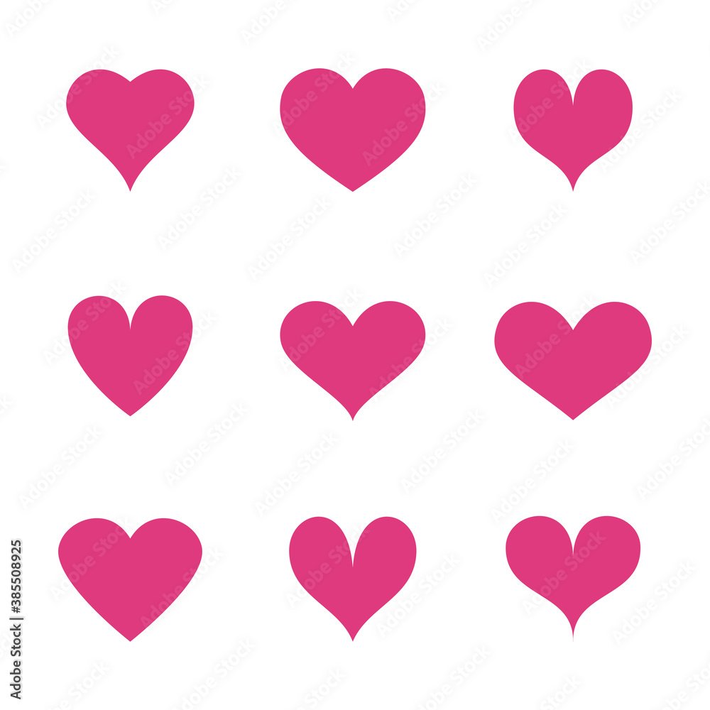 Pink heart vector icons set. Flat love icon isolated on white. Heart vector for love logo, heart symbol, shape icon and Valentine's day. Cute heart vector icon for shape design, heart and love icon