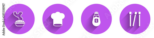 Set Homemade pie, Chef hat, Salt and Matches icon with long shadow. Vector.