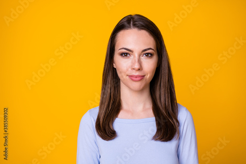 Closeup photo of attractive amazing pretty lady good mood smiling without teeth charming cute brunette hairdo wear casual blue shirt isolated vibrant yellow color background
