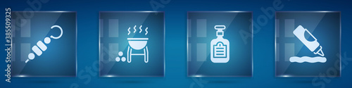 Set Grilled shish kebab, Barbecue grill, Sauce bottle and Ketchup. Square glass panels. Vector.