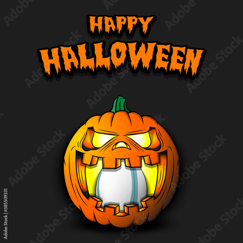 Happy Halloween. Rugby ball inside frightening pumpkin. The pumpkin swallowed the ball with burning eyes. Design template for banner, poster, greeting card, party invitation. Vector illustration