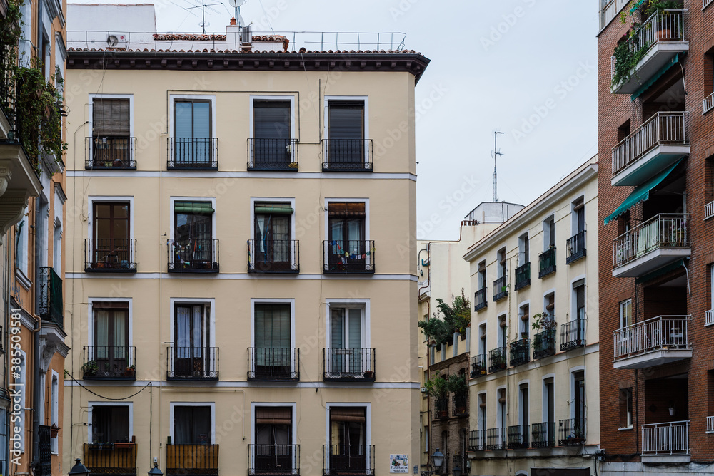 Picturesque view of Moreria Square in Latina quarter in central Madrid. Old residential buildings