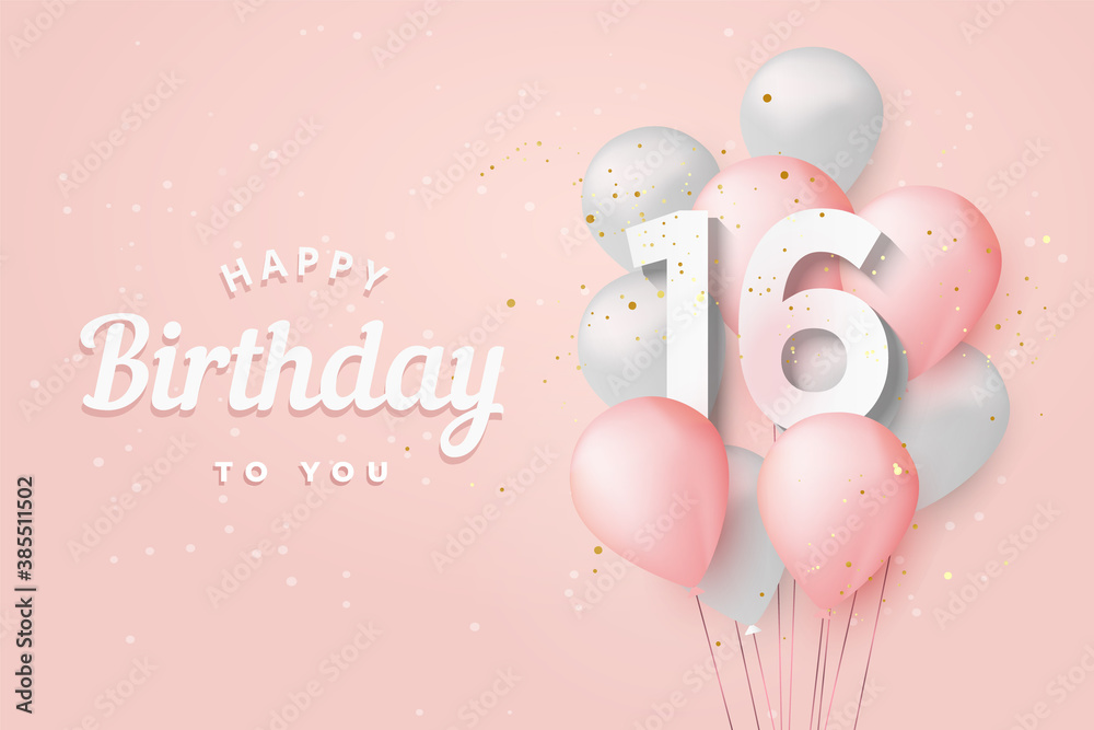 Happy 16th birthday balloons greeting card background. 16 years  anniversary. 16th celebrating with confetti. Vector stock Stock Vector |  Adobe Stock