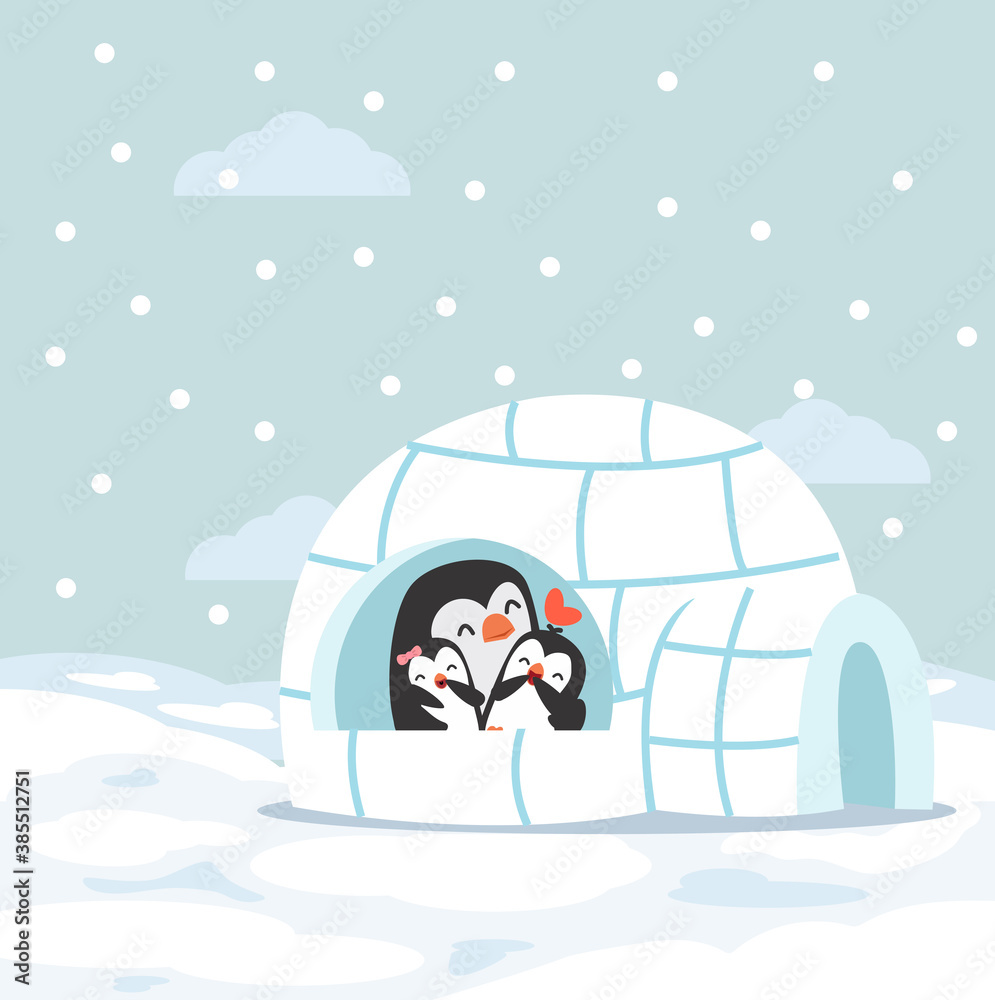 Naklejka premium Cute Penguins happy hug baby with Igloo ice house in winter