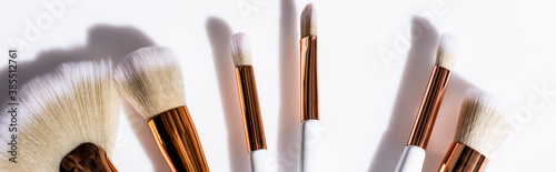 top view of cosmetic brushes set on white background, panoramic shot