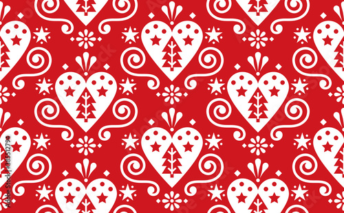 Christmas cute Scandinavian folk art vectorseamless pattern with hearts, christmas trees and flowers in white on red
