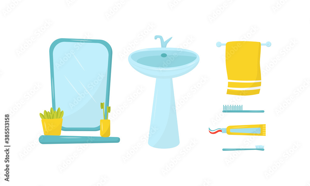 Mirror and Shelf with Toothbrush and Basin or Sink as Bathroom Sanitary Ware Vector Set Mirror and Shelf with Toothbrush and Basin or Sink as Bathroom Sanitary Ware Vector Set