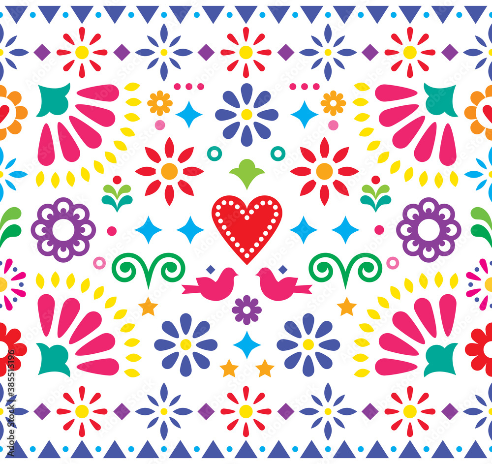 Mexican folk art vibrant seamless vector pattern, colorful design with flowers and birds inspired by traditional ornaments from Mexico
 
