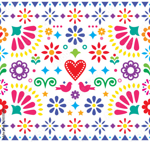 Mexican folk art vibrant seamless vector pattern, colorful design with flowers and birds inspired by traditional ornaments from Mexico 