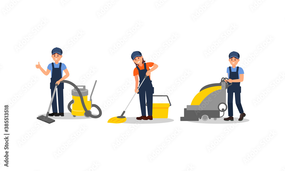 Man and Woman Cleaner in Blue Overall Vacuuming and Mopping Floor Vector Illustration Set