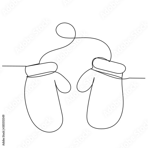 vector, isolated, one continuous line drawing of mittens