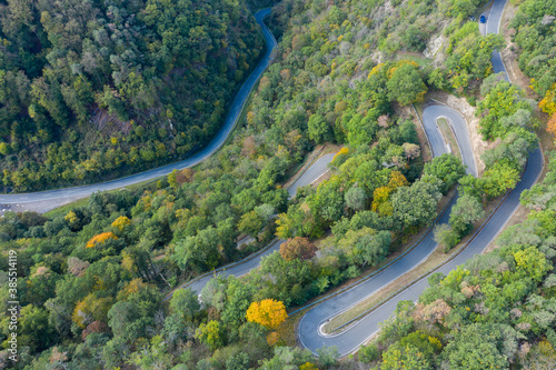 Bird's eye view of a winding road in the forest near Patersberg / Germany in Rhineland-Palatinate