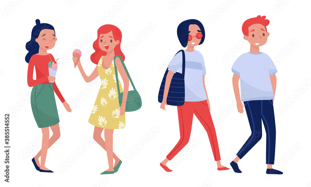 Obraz premium People Characters Walking, Eating Ice Cream and Talking Vector Set