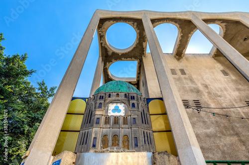 Facade of Great Synagogue with Hurva Synagogue model at Allenby street main boulevard in downtown district of Lev HaIr in Tel Aviv Yafo, Israel photo