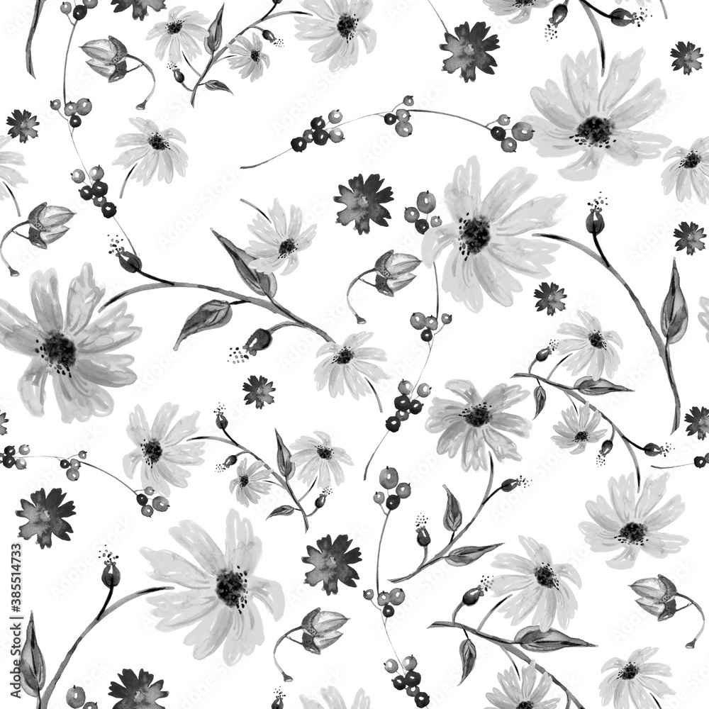 Vintage seamless watercolor pattern of plants. Herbs, flowers, chamomile, flowers watercolor. abstract splash of paint. flowers dandelion, sunflower, leaves, calendula.chamomile, daisy, acorn, walnut