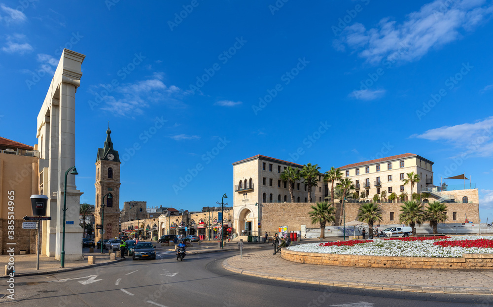 Old City of Jaffa downtown with Clock Tower and Setai resort at Yossi Carmel square in Tel Aviv Yafo, Israel